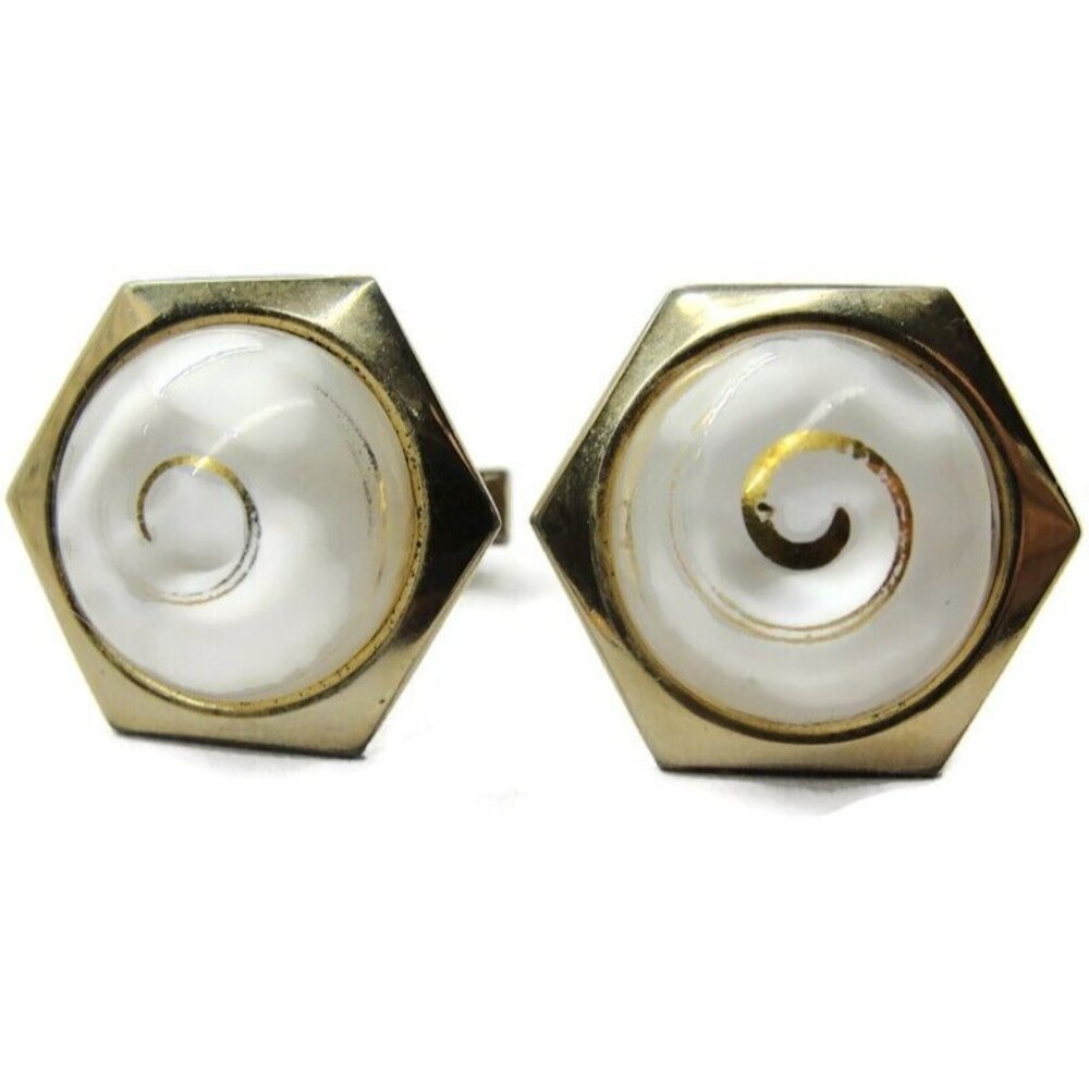 Vintage Cufflinks Center White w Gold Tone Swirl  Round Hexagon Gold Tone Shirt